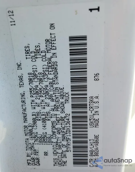 2013 Toyota Tundra Double Cab Sr5 из США, поврежденный, VIN 5TFRY5F13DX136472